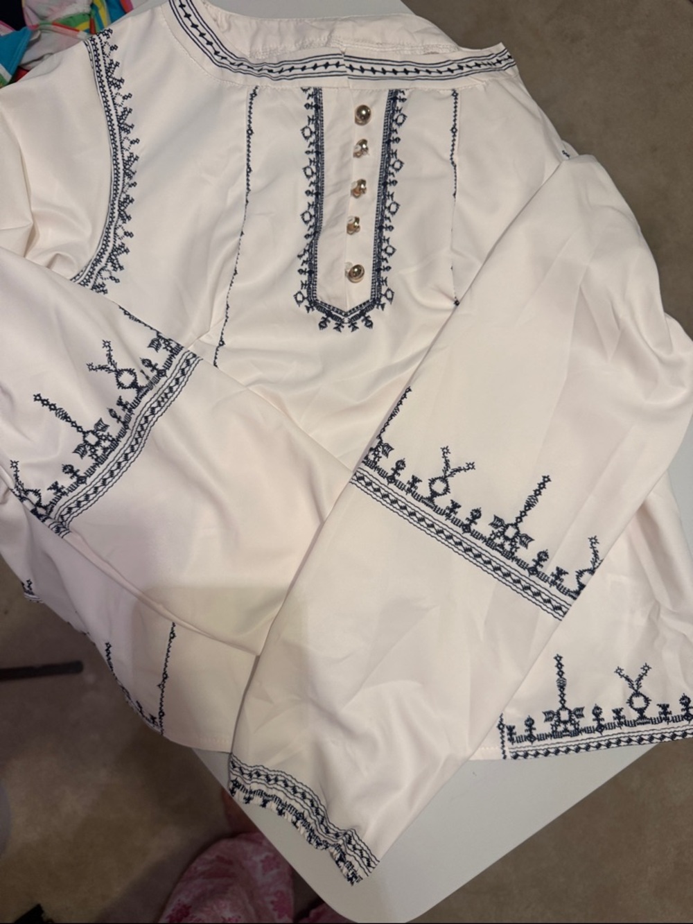 Embroidered White Peasant Blouse with Navy Detailing